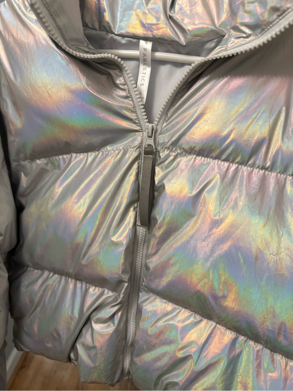 Fabletics Iridescent Puffer Jacket - Silver with Rainbow Sheen